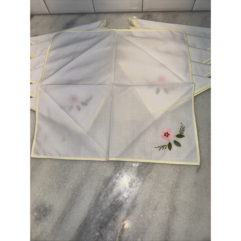Vintage Hankercheif Napkins White Appliqué Pink Flower Yellow Border Set of 12 - Picture 6 of 8
